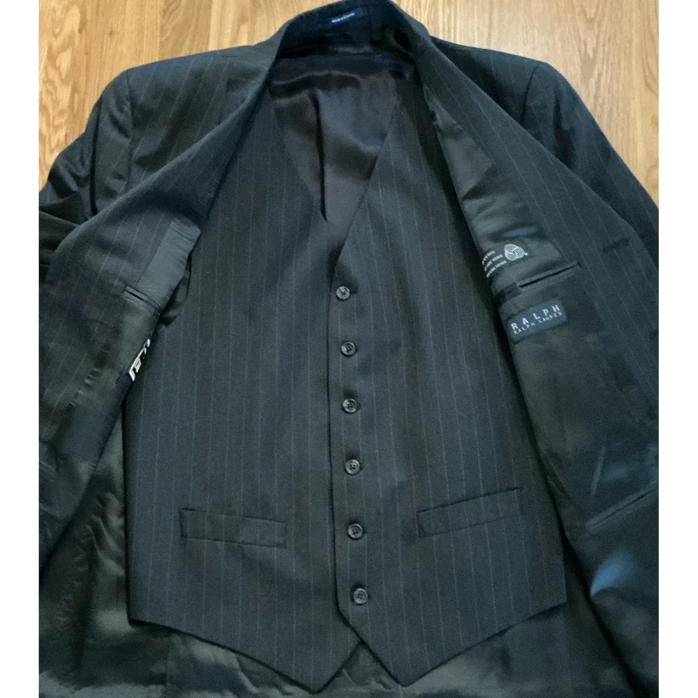 Ralph Ralph Lauren 42R Blue Pinstripe Wool Blazer‎ Jacket w Vest Made Canada